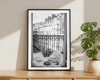 Vintage Paris Straße Balkon Frankreich Druck, Luxus Model Mode Poster, Fine Art Fotografie Wandkunst, Schwarzweiß-Dekor