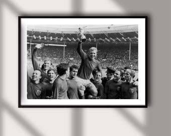 England 1966 Bobby Moore World Cup Trophy Poster, Motivational Sports Print, Football Wall Art, Vintage Sports Legend Black and White Soccer
