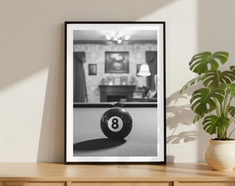 Vintage 8-Ball Pool Billiards Print, Luxury Model Fashion Poster, Fine Art Photography Wall Art, Black and White Decor