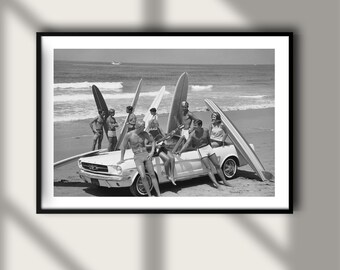 Vintage Surf Board Dance Party Car California Print, Luxury Model Fashion Poster, Fine Art Photography Wall Art Black and White Decor