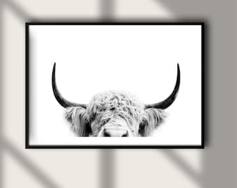 Vintage Highland Cow Horns Print, Luxury Fashion Poster, Fine Art Photography Wall Art, Black and White High Society, Monochrome Animal Art