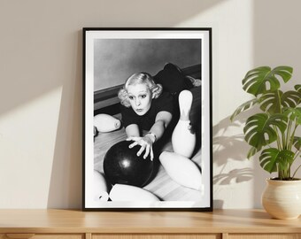 Vintage Girl Bowling Alley Pins Print, Luxury Model Fashion Poster, Fine Art Photography Wall Art, Black and White 60's 70's Decor