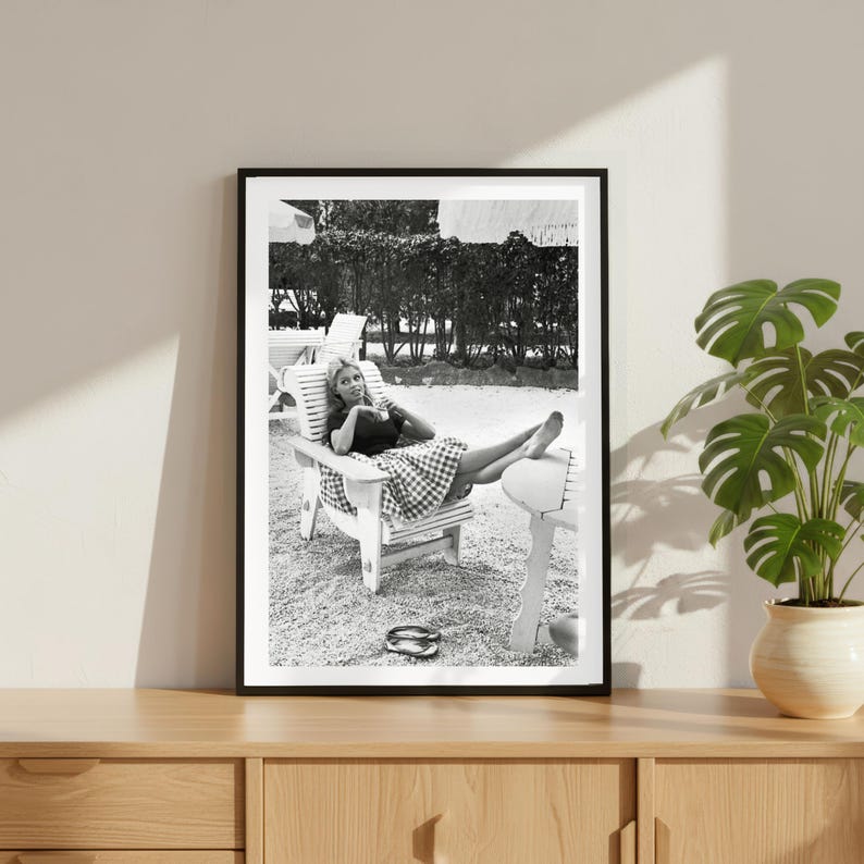 Vintage Brigitte Bardot Smoking Print, Luxury Model Fashion Poster, Fine Art Photography Wall Art, High Society Black and White Decor image 1