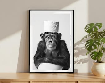 Vintage Affe Toilettenpapier Druck, lustiges Badezimmer Luxus Mode Poster, Fine Art Fotografie Tier Wandkunst, Schwarzweiß-Dekor