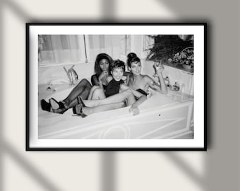 Vintage Supermodel Bathtub Print, Luxury Model Fashion Poster, Fine Art Photography Wall Art, High Society Black and White Decor