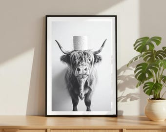Vintage Highland Kuh Toilettenpapier Druck, lustiges Badezimmer Luxus Mode Poster, Fine Art Fotografie Tier Wandkunst, Schwarzweiß-Dekor