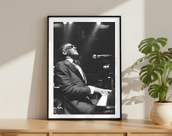 Vintage Ray Charles Piano Concert Print, Jazz Blues Legend Poster, Fine Art Photography Wall Art, Black and White Artist, Iconic Music Decor