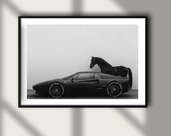 Vintage  Ferrari 288 GTO Horse Print, Motorsport Poster, Fine Art Photography Wall Art, Black & White Sports Car, High Society Luxury Decor