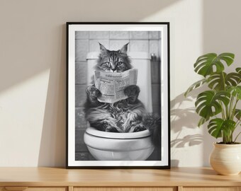 Vintage Katze Kätzchen Toilette Zeitungsdruck, Lustiges Badezimmer Luxus Mode Poster, Feine Kunst Fotografie Tier Wandkunst, Schwarzweiß-Dekor