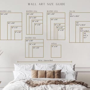 以下が含まれることがあります： 壁のアートサイズガイド。サイズはcm表記。4x5、3x4、2x3、1x1、11x14の比率とA1〜A4サイズが含まれています。クイーンサイズのベッドがスケールとして表示されており、幅は152.4 cmです。