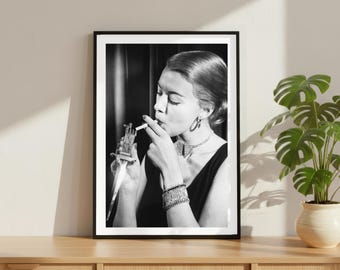 Vintage Girl Lighting Cigarette Smoking Print, Luxury Model Fashion Poster, Fine Art Photography Wall Art, Black and White 60's 70's Decor
