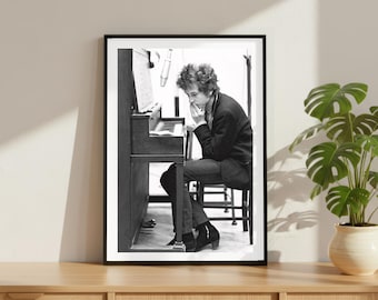Vintage Bob Dylan Piano Studio Print, Folk Rock Legend Poster, Fine Art Photography Wall Art, Black and White Artist, Iconic Music Decor