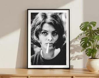 Vintage Sophia Loren Smoking Print, Luxury Model Fashion Poster, Fine Art Photography Wall Art, High Society Black and White Decor