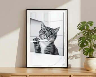 Vintage Katze Kätzchen Zahnbürste Druck, Lustiges Badezimmer Luxus Mode Poster, Feine Kunst Fotografie Tier Wandkunst, Schwarzweiß-Dekor