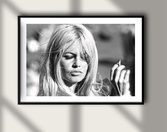 Vintage Brigitte Bardot Smoking Print, Luxury Model Fashion Poster, Fine Art Photography Wall Art, High Society Black and White Decor