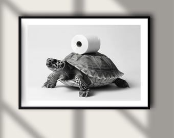 Vintage Schildkröte Toilettenpapier Druck, lustiges Badezimmer Luxus Mode Poster, Fine Art Fotografie Tier Wandkunst, Schwarzweiß-Dekor