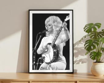 Vintage Dolly Parton Banjo Print, Country Legend Poster, Fine Art Photography Wall Art, Black and White Artist, Iconic Music Decor