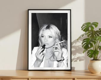 Vintage Kate Moss rauchenden Lippenstift Druck, Luxus Model Fashion Poster, Fine Art Fotografie Wandkunst, High Society Schwarzweiß-Dekor