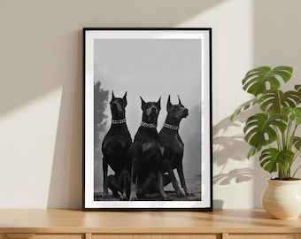 Vintage Doberman Pack Print, Luxury Fashion Poster, Fine Art Photography Wall Art, Black and White High Society Decor, Monochrome Animal Art