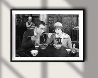 Vintage Couple Eating Noodles Restaurant Print, Luxury Model Fashion Poster, Fine Art Photography Wall Art, Black and White 60's 70's Decor