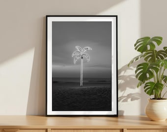 Vintage Neon Palme Küsten Strand Ozean Druck, Luxus Model Mode Poster, Fine Art Fotografie Wand Kunst Schwarz und Weiß Dekor