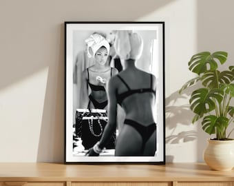 Vintage Naomi Campbell Print, Luxury Model Fashion Poster, Fine Art Photography Wall Art, High Society Black and White Decor