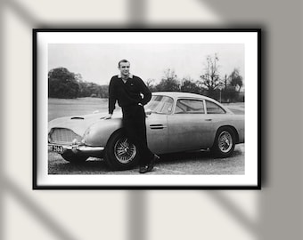 Vintage Sean Connery Aston Martin Print, Celebrity Actor Poster, Fine Art Photography Wall Art, Black and White Iconic Movie