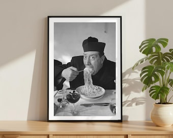 Vintage Don Camillo Spaghetti Print, Celebrity Actor Poster, Fine Art Photography Wall Art, Black and White Iconic Movie