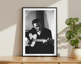 Vintage Johnny Cash Guitar Print, Folk Rock Legend Poster, Fine Art Photography Wall Art, Black and White Artist, Iconic Music Decor