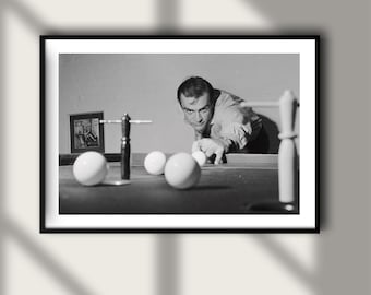 Vintage Sean Connery Playing Pool Print, Celebrity Actor Poster, Fine Art Photography Wall Art, Black and White Iconic Movie