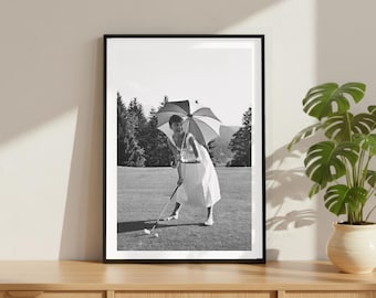 Vintage Audrey Hepburn Playing Golf Print, Luxury Model Fashion Poster, Fine Art Photography Wall Art, High Society Black and White Decor