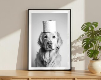 Vintage Golden Retriever Hund Toilettenrolle Druck, Lustiges Badezimmer Luxus Poster, Fine Art Fotografie Tier Wandkunst, Schwarz Weiß Dekor