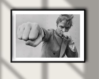 Vintage Michael Caine Fist Punch Print, Celebrity Actor Poster, Fine Art Photography Wall Art, Black and White Iconic Movie