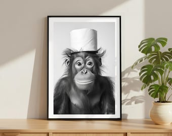 Vintage Affe Toilettenpapier Druck, lustiges Badezimmer Luxus Mode Poster, Fine Art Fotografie Tier Wandkunst, Schwarzweiß-Dekor