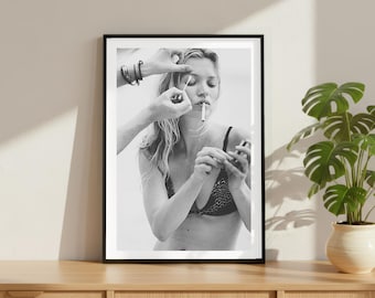 Vintage Kate Moss Smoking Print, Luxury Model Fashion Poster, Fine Art Photography Wall Art, High Society Black and White Decor