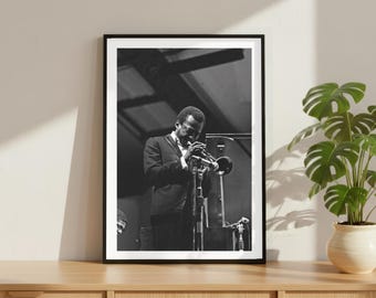 Vintage Miles Davis Trumpet Print, Jazz Blues Legend Poster, Fine Art Photography Wall Art, Black and White Artist, Iconic Music Decor