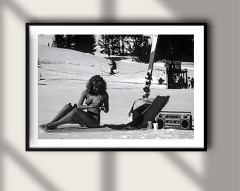 Vintage Apres Ski Pisten Druck, Wintersport Berge Poster, Fine Art Fotografie Wandkunst, Schwarz und Weiß Schnee, High Society Dekor