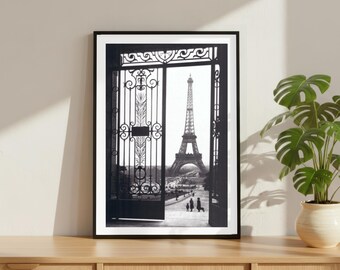 Vintage Eiffel Tower Paris Print, Luxury Model Fashion Poster, Fine Art Photography Wall Art, Black and White Decor