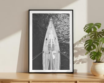 Vintage Yacht Boat Aerial Amalfi Coast Italy Print, Luxury Model Fashion Poster, Fine Art Photography Wall Art, Black and White Decor