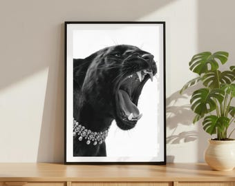 Vintage Black Panther Diamonds Print, Luxury Fashion Poster, Fine Art Photography Wall Art, Black and White High Society Decor,  Animal Art