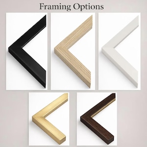 以下が含まれることがあります： さまざまな色の額縁の角のサンプルが5つ表示された画像です。フレームは黒、天然木、白、金、濃い茶色です。「Framing Options」というテキストが上部にあります。