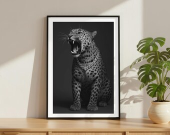 Vintage Leopard Roar Print, Luxury Fashion Poster, Fine Art Photography Wall Art, Black and White High Society Decor, Monochrome Animal Art