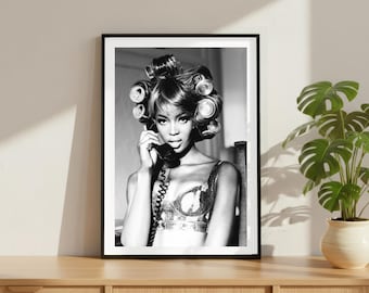 ヴィンテージのナオミ・キャンベルのプリント、高級モデルファッションポスター、ファインアート写真のウォールアート、ハイソサエティの白黒インテリア
