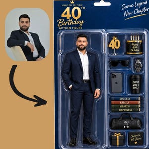 May include: A custom action figure in a blue suit with accessories including a 40th birthday cake, sunglasses, watch, smartphone, coffee cup, four books labeled Success, Family, Health, Happiness, a gym bag, a gift box, and a Cheers to 40 Years sign.