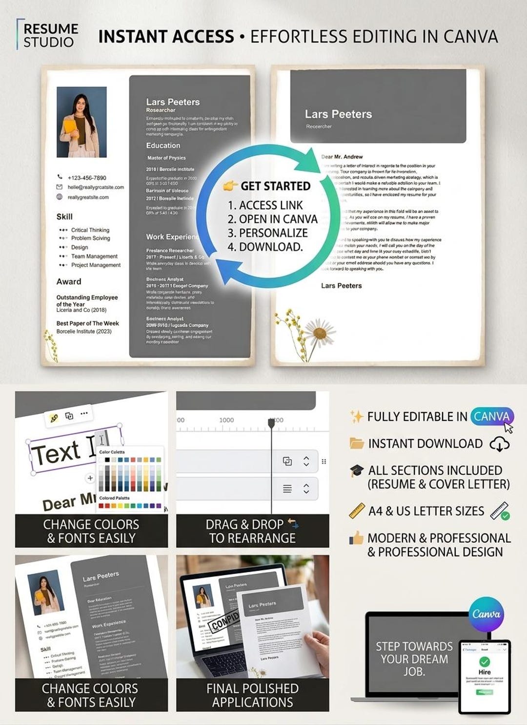 Professional Resume Template Canva | Modern CV, Cover Letter (instant ...