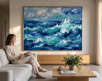 Blue Turquoise Ocean Abstract Oil Painting, Modern Wall Art