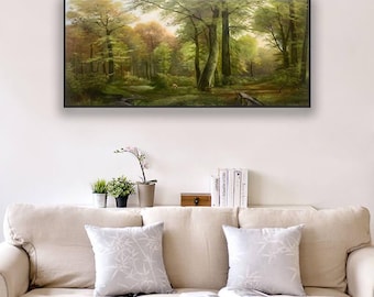 19th Century European Forest Hand-Painted Oil Painting Reproduction, Sunlit Woodland with Deer, Vintage Nature Landscape Canvas Wall Art