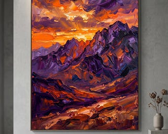Abstrakter Sonnenuntergang Berg Ölgemälde, orange lila Wandkunst, modernes Wohndekor