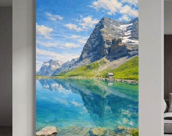 Wandbild „Bergsee“ – 100 % handgemaltes Ölgemälde der Schweizer Alpen, impressionistische Landschaftsmalerei auf Leinwand, ideales Einzugsgeschenk