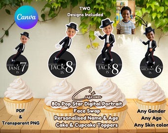 Custom 2 Face Swap 80s Pop Star MJ Cake Topper PNG | Personalized Kids Retro Music Birthday Banner Graphic, Printable CD Party Favor Sticker